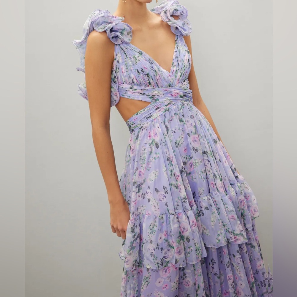 Ruffle Tiered Cut-Out Floral Chiffon Dress Ieena For Mac Duggal
